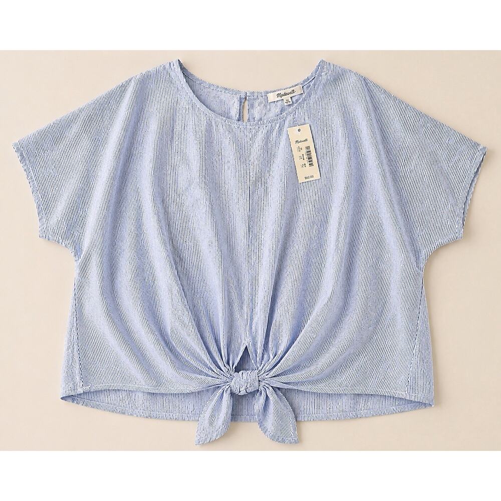 NWT Madewell XL Blue White Stripe Tie Front Linen Blend Blouse Top Women’s